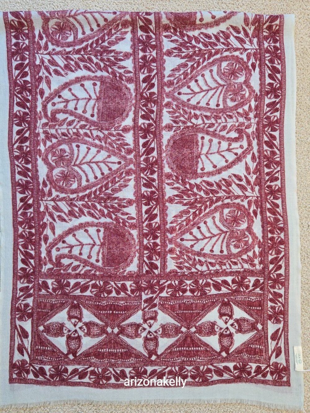 NWOT Lila Wool Lightweight Scarf With Fish Design Burgundy - Picture 9 of 15